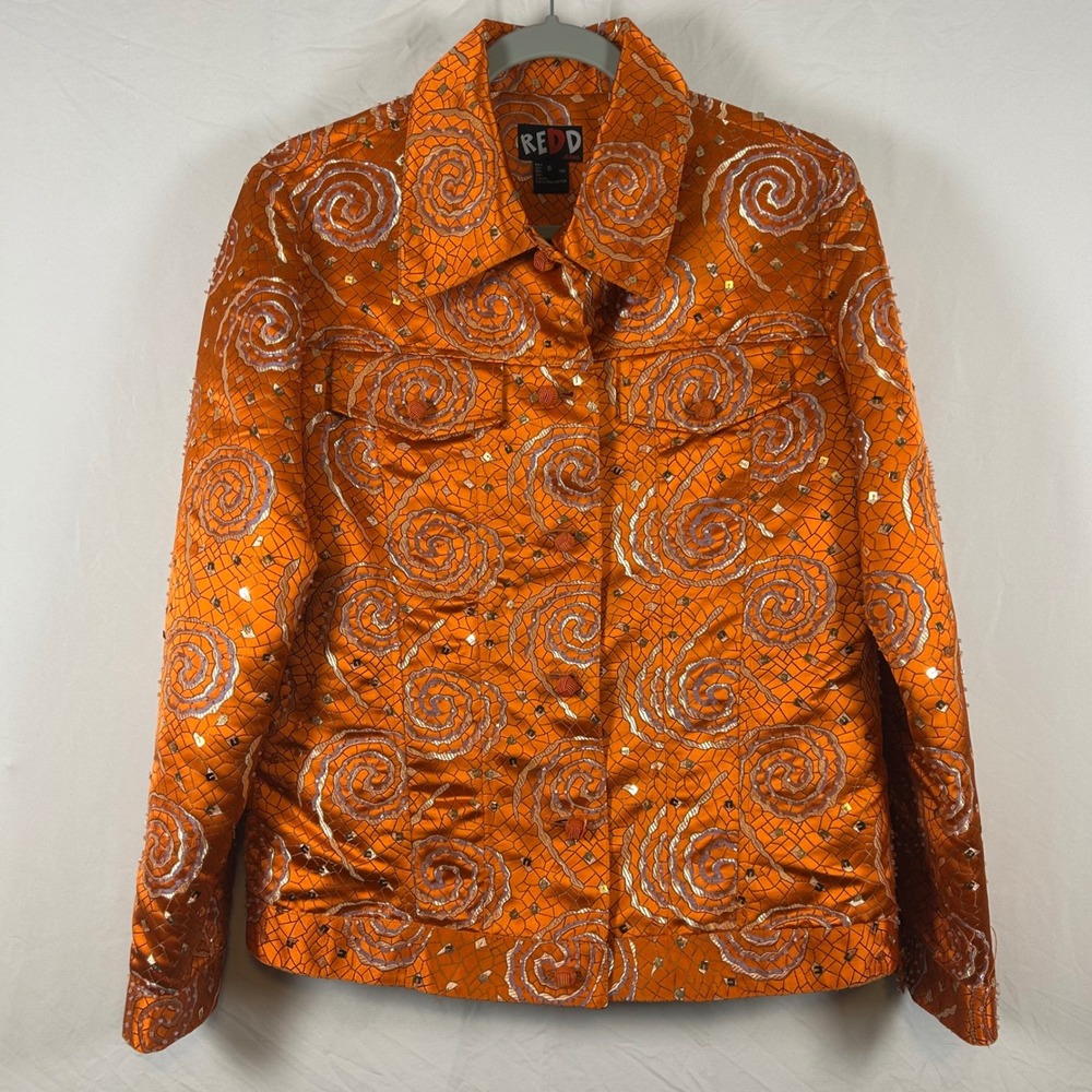 Redd Jeans Orange Embroidered Sequin Spiral Jacket Women Size 6 Beaded‎ Blazer